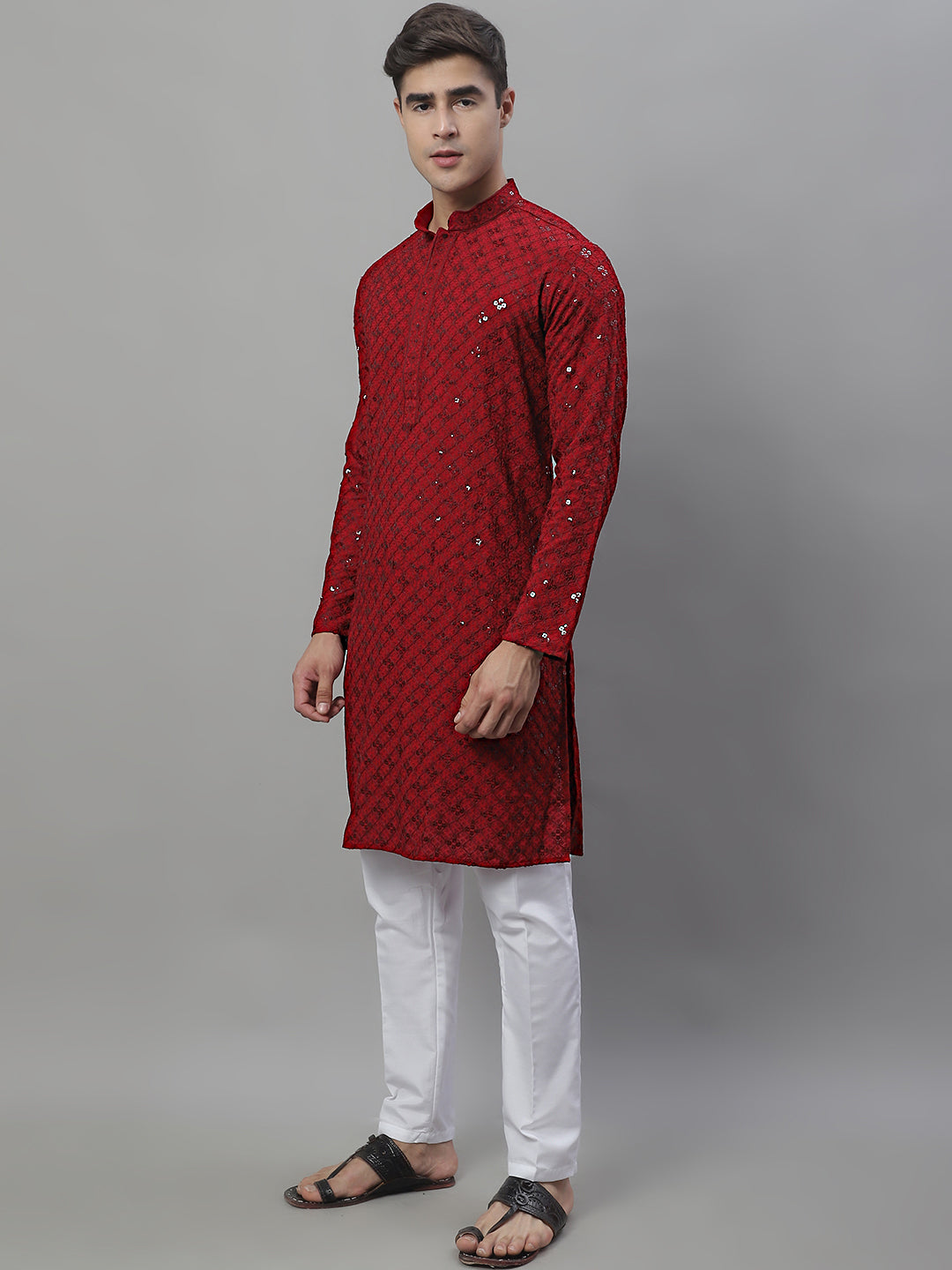 Maroon Chikankari Kurta Pajama Set for Men | Ethnic Outfit