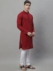Men's Maroon Chikankari Embroidered and Sequence Kurta with Pyjama-JOKP-P-695