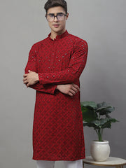 Men's Maroon Chikankari Embroidered and Sequence Kurta with Pyjama-JOKP-P-695