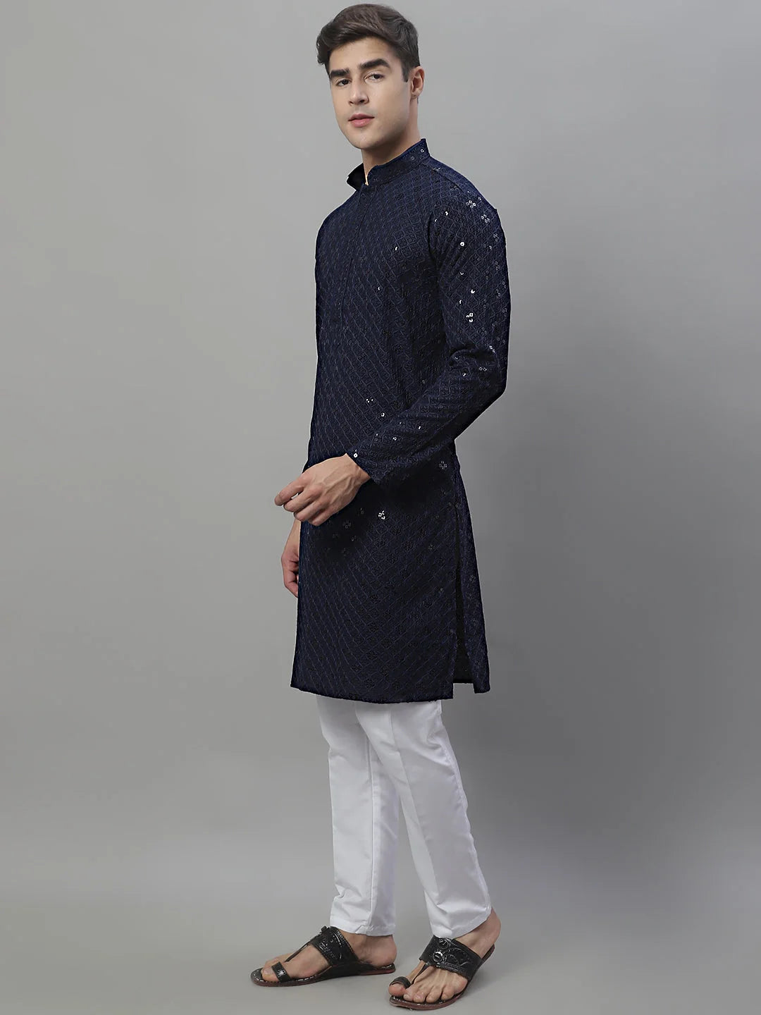 Navy Blue Chikankari Kurta Pajama Set - Mens Kurta Pajama