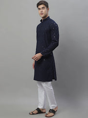 Men's Navy Blue Chikankari Embroidered and Sequence Kurta with Pyjama-JOKP-P-695