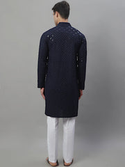 Men's Navy Blue Chikankari Embroidered and Sequence Kurta with Pyjama-JOKP-P-695