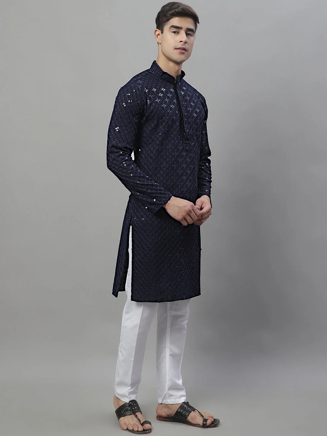 Navy Blue Chikankari Kurta Pajama Set - Mens Kurta Pajama
