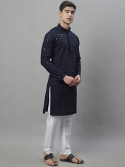 Men's Navy Blue Chikankari Embroidered and Sequence Kurta with Pyjama-JOKP-P-695