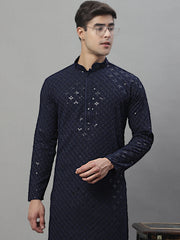 Men's Navy Blue Chikankari Embroidered and Sequence Kurta with Pyjama-JOKP-P-695