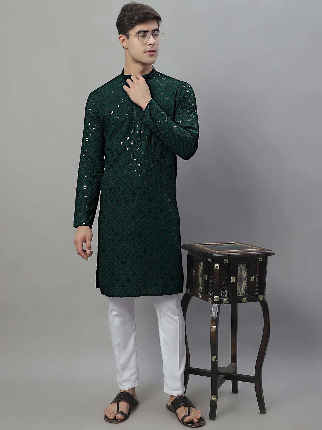 Olive Green Chikankari Mens Kurta Pajama Set | Kurta Pajama