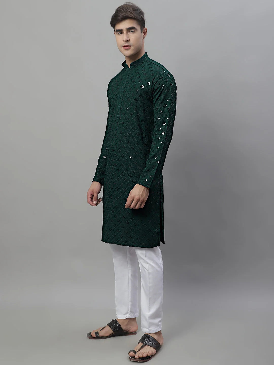 Olive Green Chikankari Mens Kurta Pajama Set | Kurta Pajama