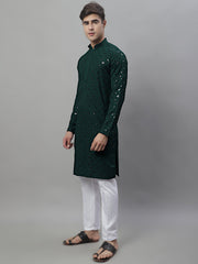Men's Olive Green Chikankari Embroidered and Sequence Kurta with Pyjama-JOKP-P-695