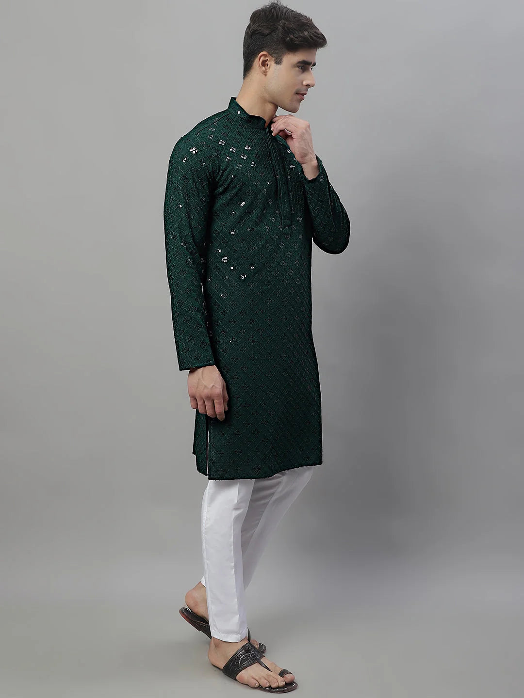 Olive Green Chikankari Mens Kurta Pajama Set | Kurta Pajama