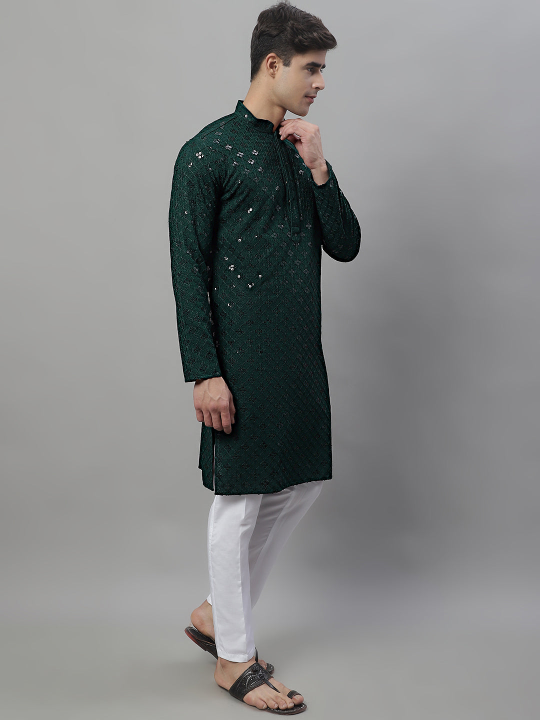 Olive Green Chikankari Mens Kurta Pajama Set | Kurta Pajama