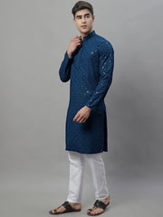 Men's Peacock Blue Chikankari Embroidered and Sequence Kurta with Pyjama-JOKP-P-695