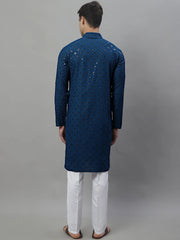 Men's Peacock Blue Chikankari Embroidered and Sequence Kurta with Pyjama-JOKP-P-695