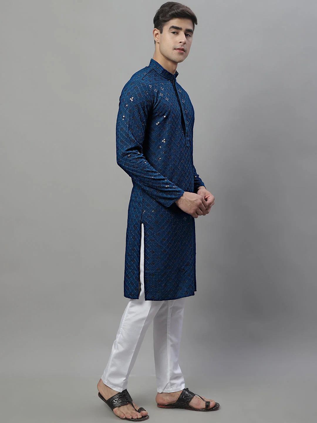 Peacock Blue Chikankari Kurta Pajama - Mens Kurta Pajama Set