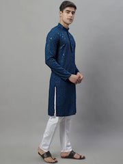 Men's Peacock Blue Chikankari Embroidered and Sequence Kurta with Pyjama-JOKP-P-695