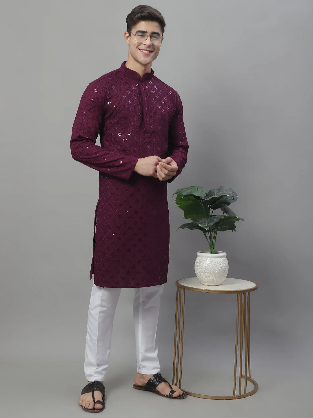 Men's Purple Chikankari Embroidered and Sequence Kurta with Pyjama-JOKP-P-695