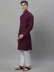 Men's Purple Chikankari Embroidered and Sequence Kurta with Pyjama-JOKP-P-695