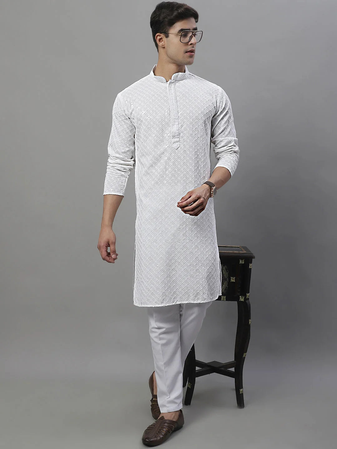 Men's White Chikankari Embroidered and Sequence Kurta with Pyjama-JOKP-P-695