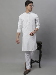 Men's White Chikankari Embroidered and Sequence Kurta with Pyjama-JOKP-P-695