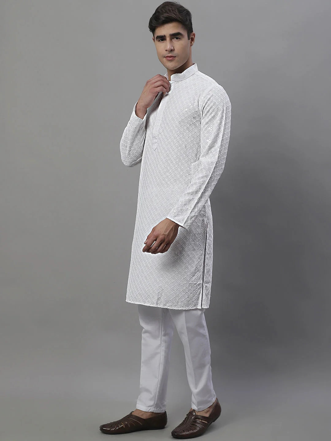 White Chikankari Mens Kurta Pajama Set | Pathani Kurta Pajama