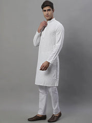 Men's White Chikankari Embroidered and Sequence Kurta with Pyjama-JOKP-P-695