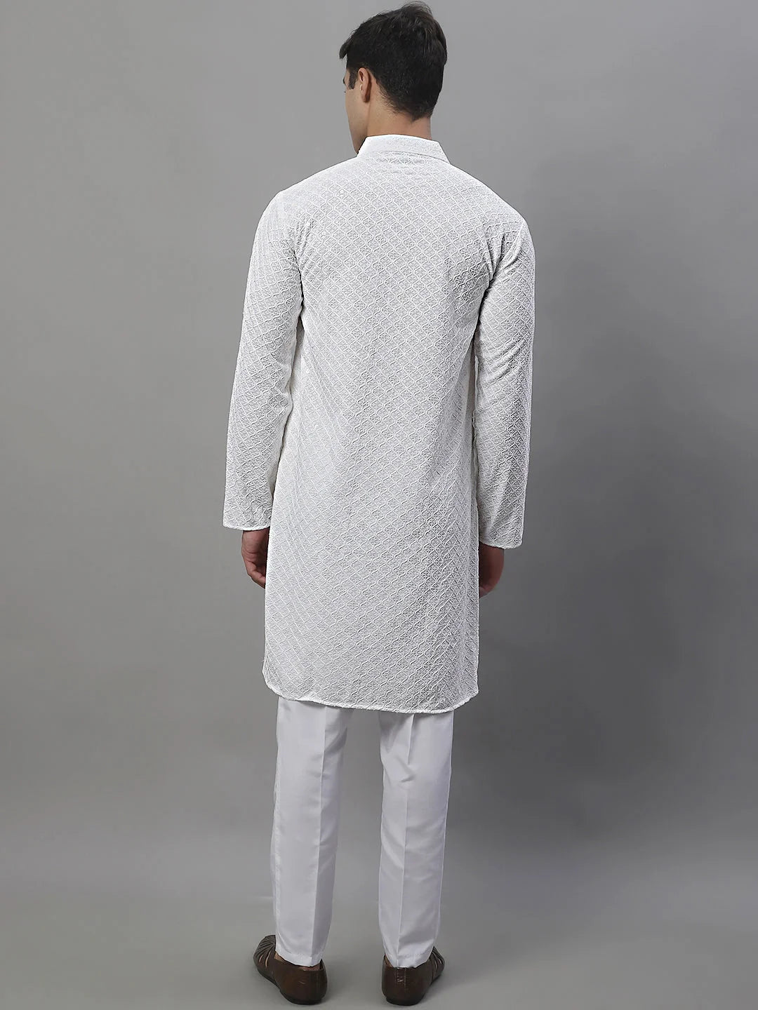 White Chikankari Mens Kurta Pajama Set | Pathani Kurta Pajama