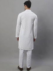 Men's White Chikankari Embroidered and Sequence Kurta with Pyjama-JOKP-P-695