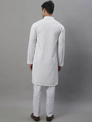 Men's White Chikankari Embroidered and Sequence Kurta with Pyjama-JOKP-P-695