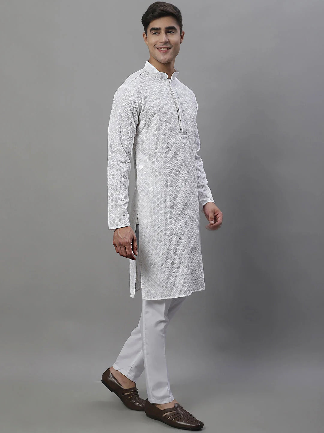 White Chikankari Mens Kurta Pajama Set | Pathani Kurta Pajama