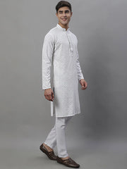 Men's White Chikankari Embroidered and Sequence Kurta with Pyjama-JOKP-P-695
