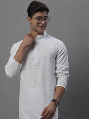 Men's White Chikankari Embroidered and Sequence Kurta with Pyjama-JOKP-P-695