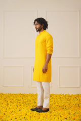 Men's Yellow Chikankari Embroidered and Sequence Kurta with Pyjama-JOKP-P-695