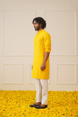 Men's Yellow Chikankari Embroidered and Sequence Kurtas-KO-695
