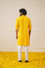 Men's Yellow Chikankari Embroidered and Sequence Kurta with Pyjama-JOKP-P-695