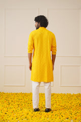 Men's Yellow Chikankari Embroidered and Sequence Kurtas-KO-695