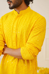 Men's Yellow Chikankari Embroidered and Sequence Kurtas-KO-695