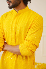 Men's Yellow Chikankari Embroidered and Sequence Kurtas-KO-695