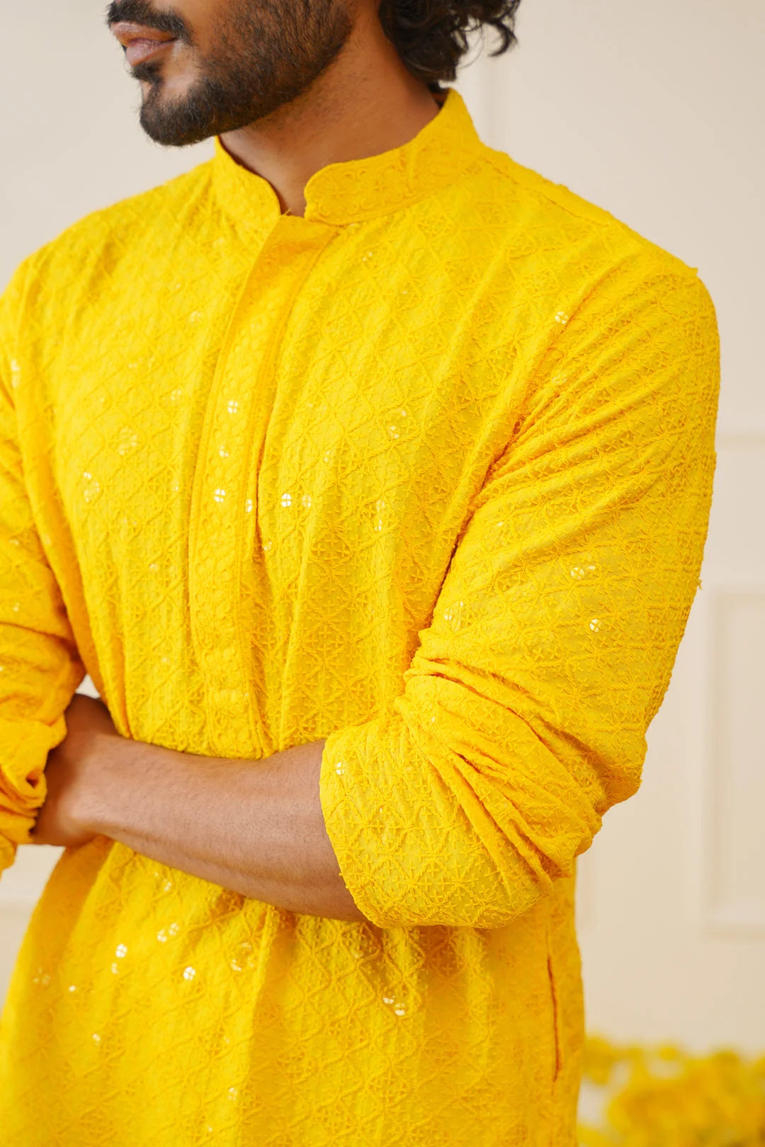 Men's Yellow Chikankari Kurta Pajama Set | Ethnic Wear