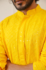 Men's Yellow Chikankari Embroidered and Sequence Kurta with Pyjama-JOKP-P-695