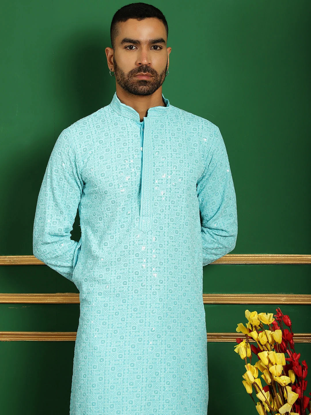Men Blue Embroidered and Sequence Kurta with Salwar-JOKP-S-P