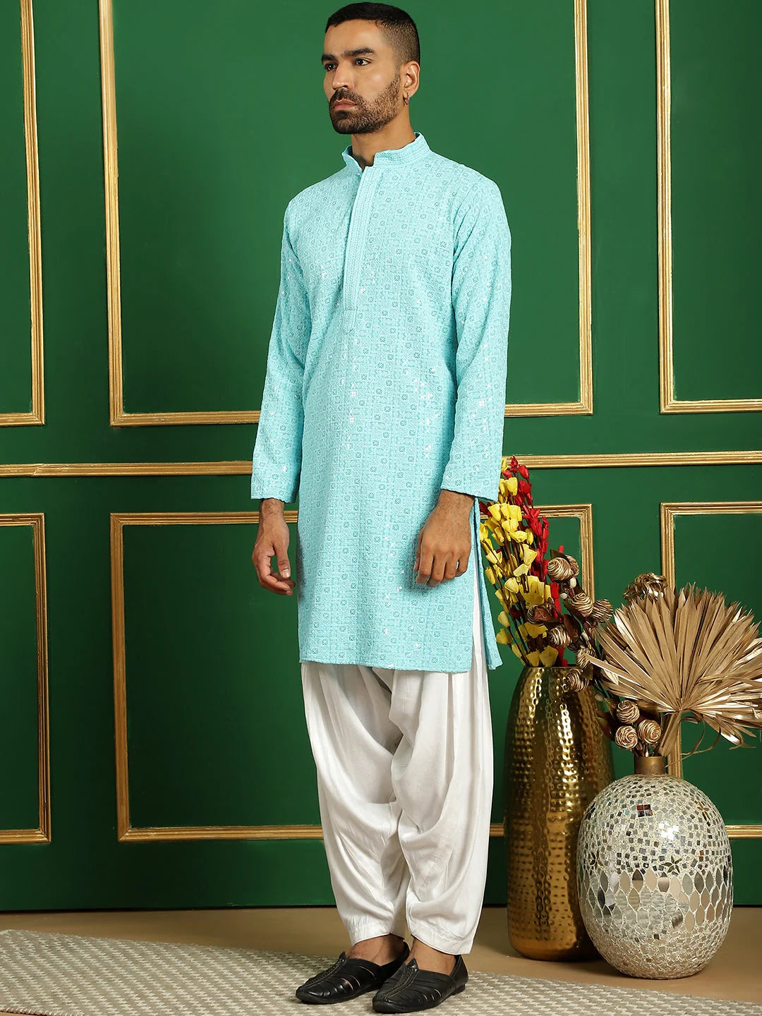 Blue Embroidered Mens Kurta Pajama Set | Cotton Pathani Style