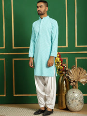 Men Blue Embroidered and Sequence Kurta with Salwar-JOKP-S-P