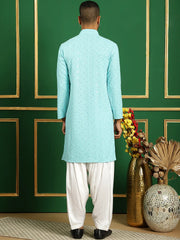 Men Blue Embroidered and Sequence Kurta with Salwar-JOKP-S-P