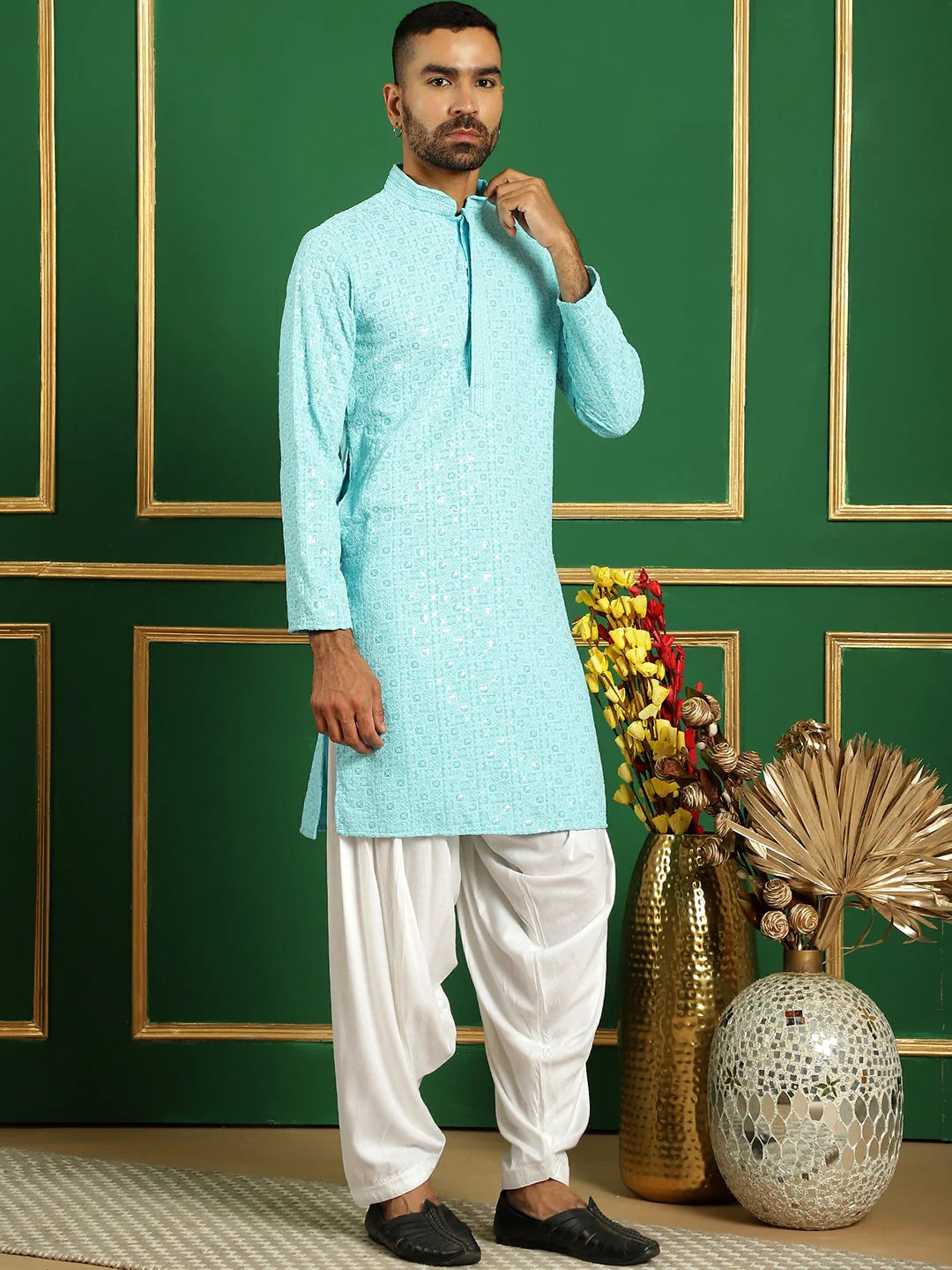 Blue Embroidered Mens Kurta Pajama Set | Cotton Pathani Style