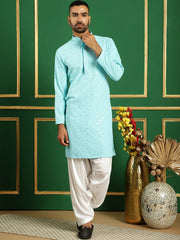 Men Blue Embroidered and Sequence Kurta with Salwar-JOKP-S-P