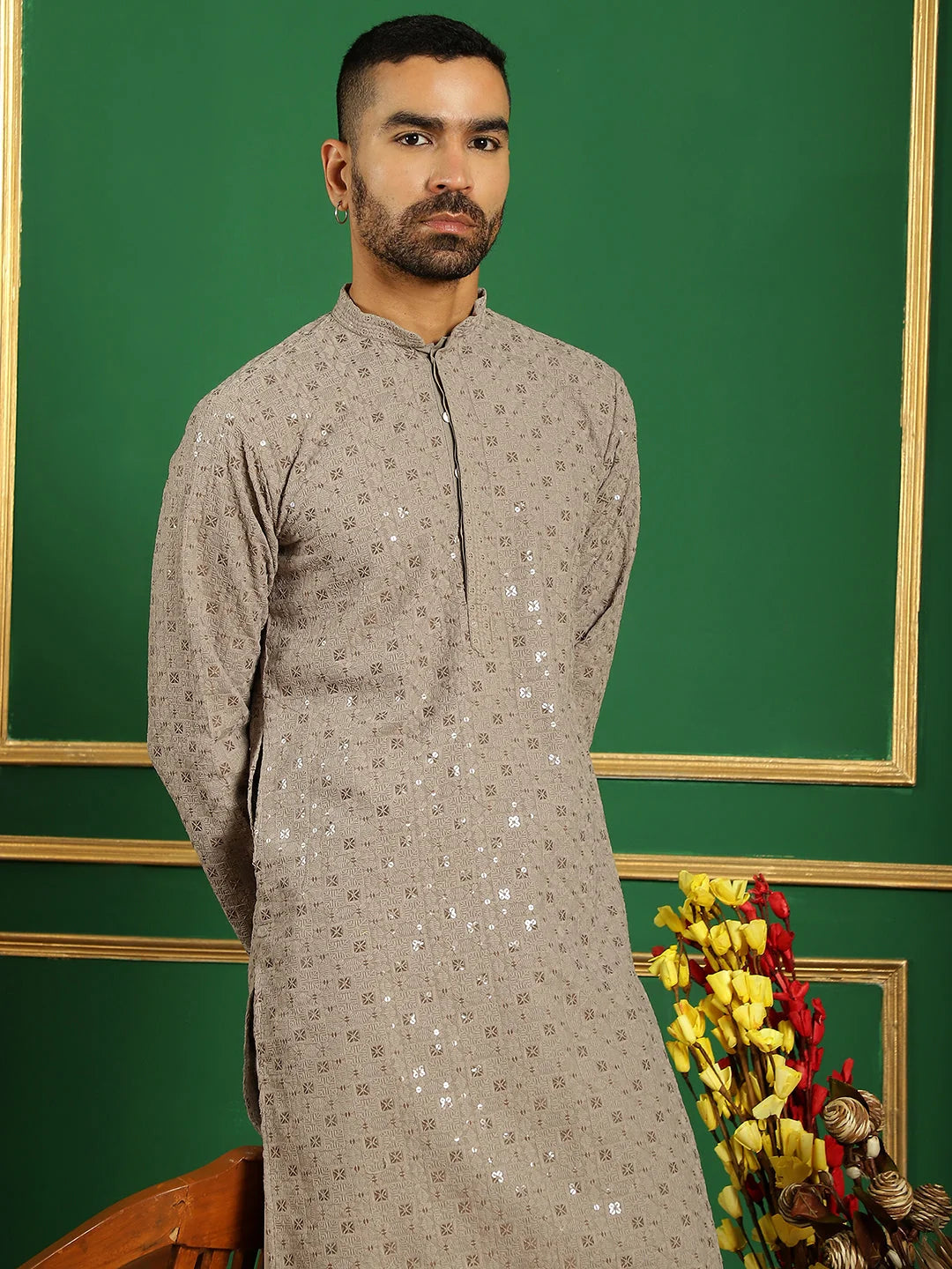 Men Grey Embroidered and Sequence Kurta with Salwar-JOKP-S-P