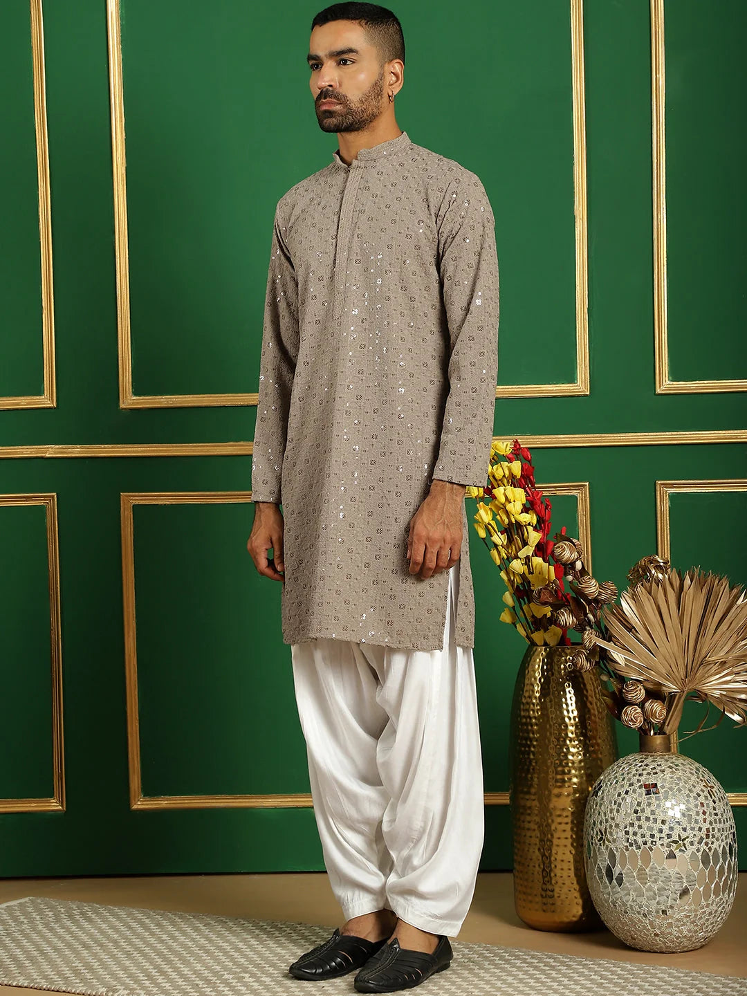 Grey Embroidered Mens Kurta Pajama Set | Cotton Pathani Style