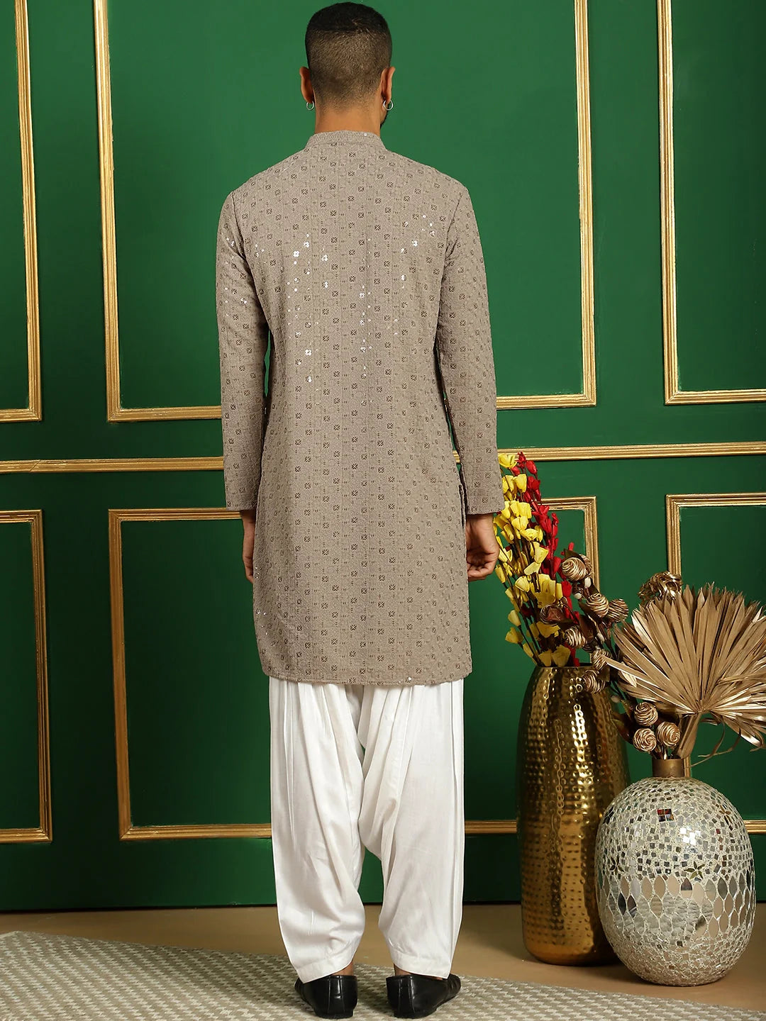 Grey Embroidered Mens Kurta Pajama Set | Cotton Pathani Style