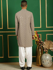 Men Grey Embroidered and Sequence Kurta with Salwar-JOKP-S-P