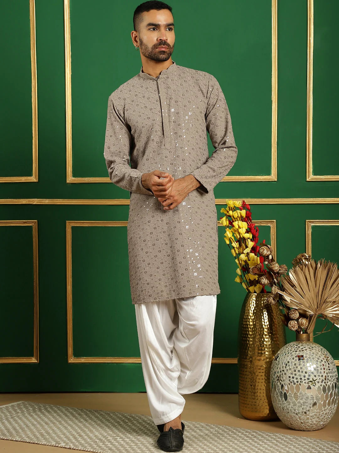 Grey Embroidered Mens Kurta Pajama Set | Cotton Pathani Style