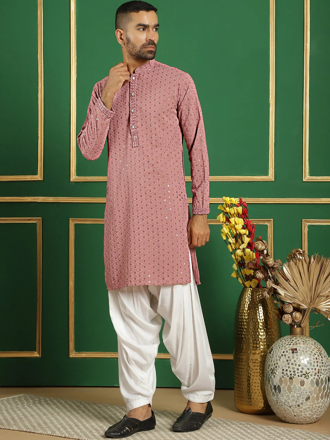 Purple Embroidered Mens Kurta Pajama Set | Cotton Kurta Pajama